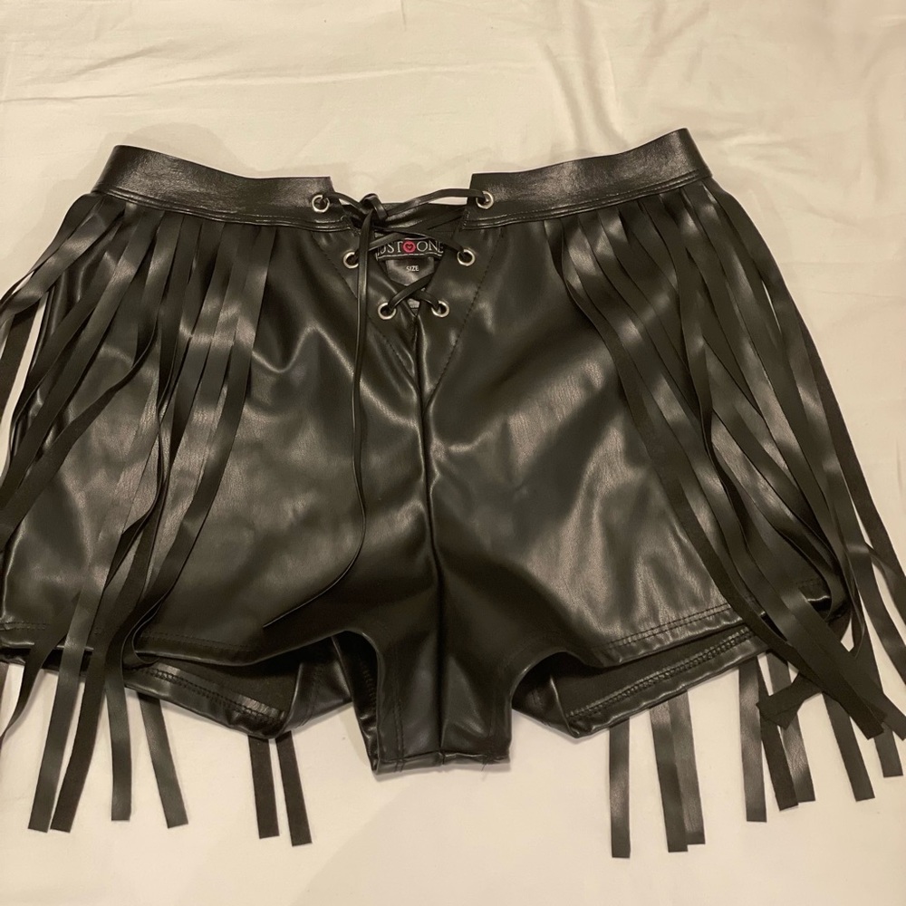 Black Faux Leather Fringe Shorts